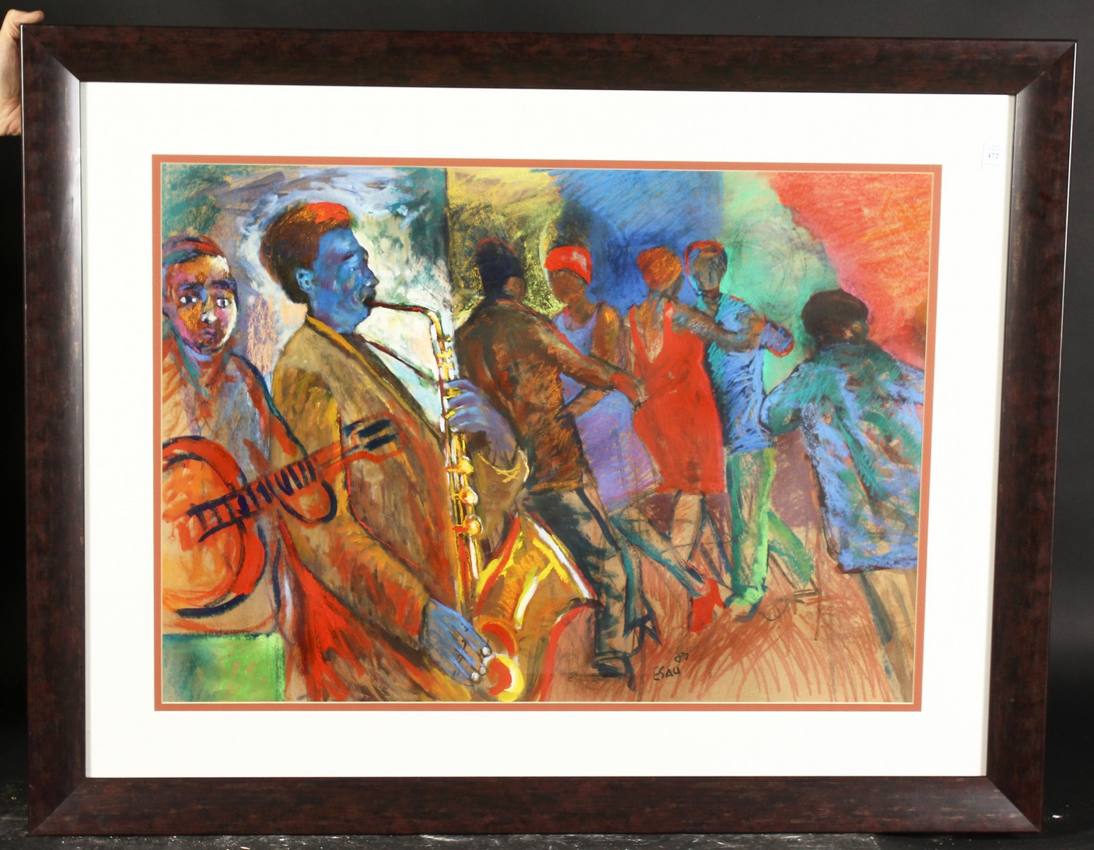 Sandy Esau (b.1968) South African, scene of figures dancing while a jazz band plays, mixed media, - Image 2 of 4