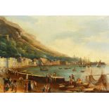 19th century Italian school. A scene of a busy port with figures on the quayside, oil and paper laid