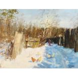 Marnia Davidova, Russian, 'Chickens In The Snow', signed oil on board, 9.5" x 13.35", 24x33cm.