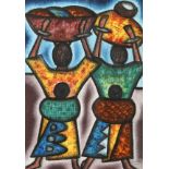 South African school, a pair of paintings of women carrying baskets on their heads, mixed media,