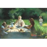 Tom Quinn (1918-2015), Lunch in the garden, oil on board, signed, 16" x 24".