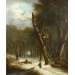 19th century English school. A snow-covered wooden landscape, with figures collecting wood in the