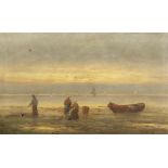 A. Vescovi (19th/20th century) Italian figures on a beach mending nets with boats in the distance,