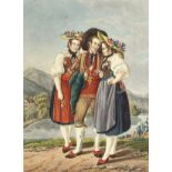 A collection of seven 19th century Swiss hand coloured prints of regional costumes, two of them