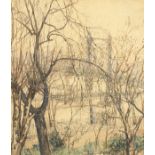 Early 20th century, a scene of a bridge and buildings through the trees, watercolour, indistinctly
