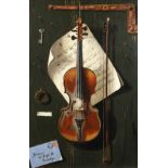 20th century, A Trompe l'oeil study of a violin and bow hanging on the door, oil on canvas, 30" x