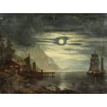 19th century, a moonlit coastal scene with the figures awaiting a returning vessel, oil on canvas,