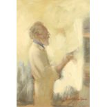 Tom Quinn (1918-2015), self-portrait: at the easel, oil on board, signed, 20" x 14".
