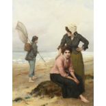 William Oliver (1823-1901) British, a scene of three figures on a beach with distant boats, oil on