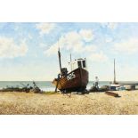 Michael Wood (20th century) British, a scene of fishing boats on a shingle beach, oil on canvas,