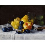 Leonid Bakhrouchin (b.1948) Russian, 'Still Life Fruit', signed oil on board, 6" x 7.85", 15x20cm.
