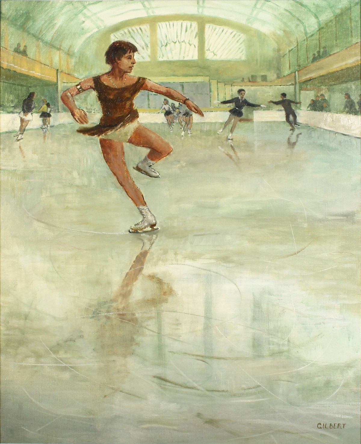 Dennis Gilbert (B.1922) a scene of a female figure skaters, oil on canvas, signed, bears label