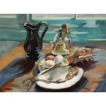Phyllis Bray (1911-1991) British, a still life study of a fish, some eggs, a shell, a jug and a