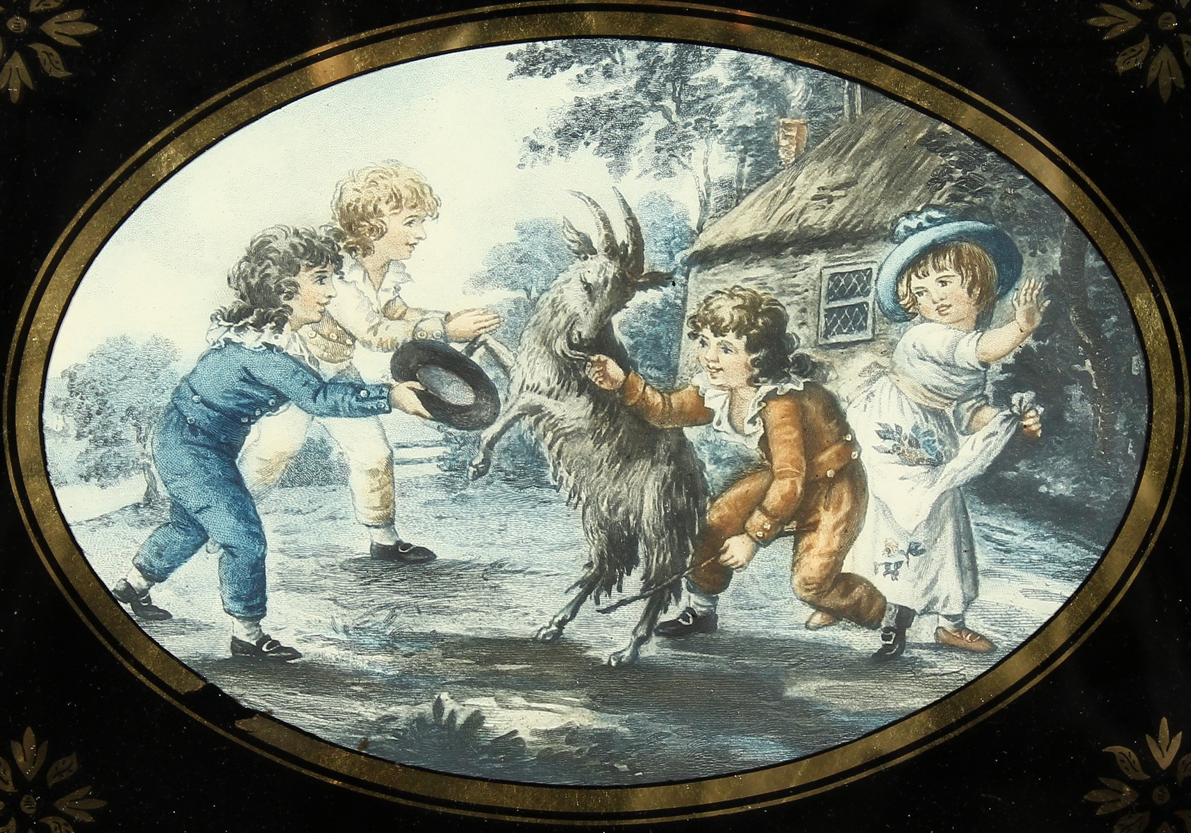 A pair of 19th Century prints of children playing, in verre eglomise frames, 8" x 10". - Image 5 of 6