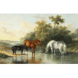 George Jackson (19th century) British, three horses watering in the stream, with a distant view of a