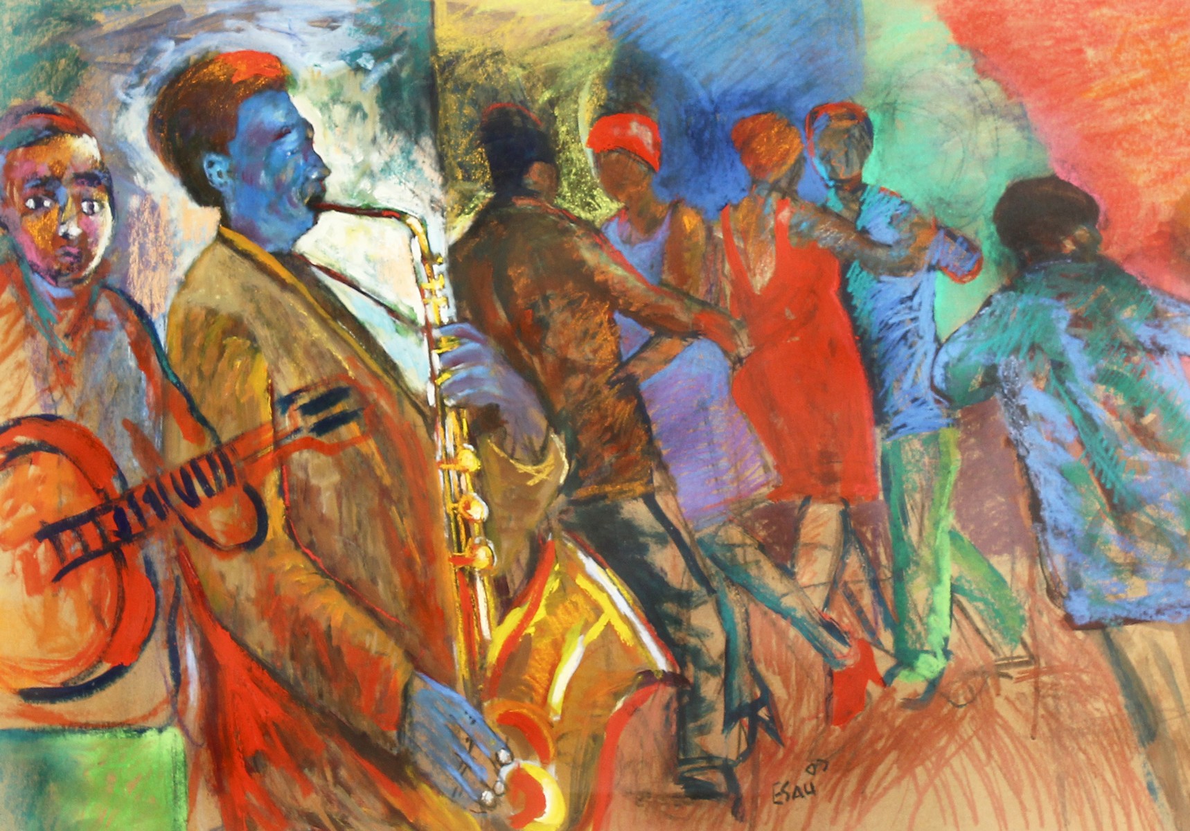 Sandy Esau (b.1968) South African, scene of figures dancing while a jazz band plays, mixed media,