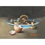 Tom Quinn (1918-2015), Mushrooms and eggshells, oil on board, signed, 11" x 15.5".