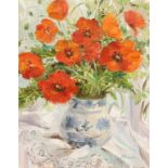 Maria Volkova, Russian, 'Poppies In A Blue And White Jug', signed oil on board, 16" x 13", 41x33cm.