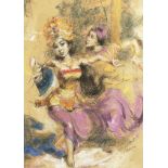 Balinese school, a scene of two female dancers in traditional costume, pastel and pencil, in a