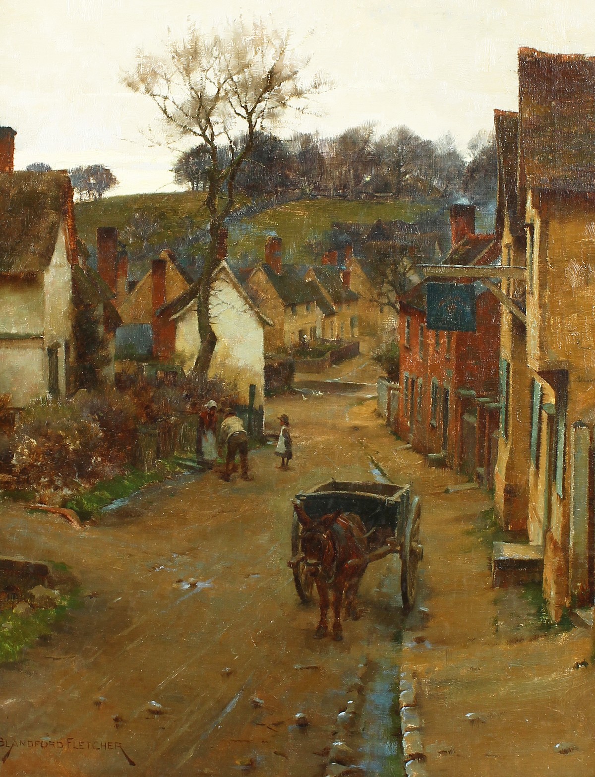 William Teulon Blandford Fletcher (1858-1936) British, A donkey and cart in a village road with