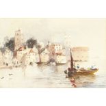 Alfred Montague (fl.1832-1883), Shipping off a Coastal Town, watercolour with body colour, 4.75" x