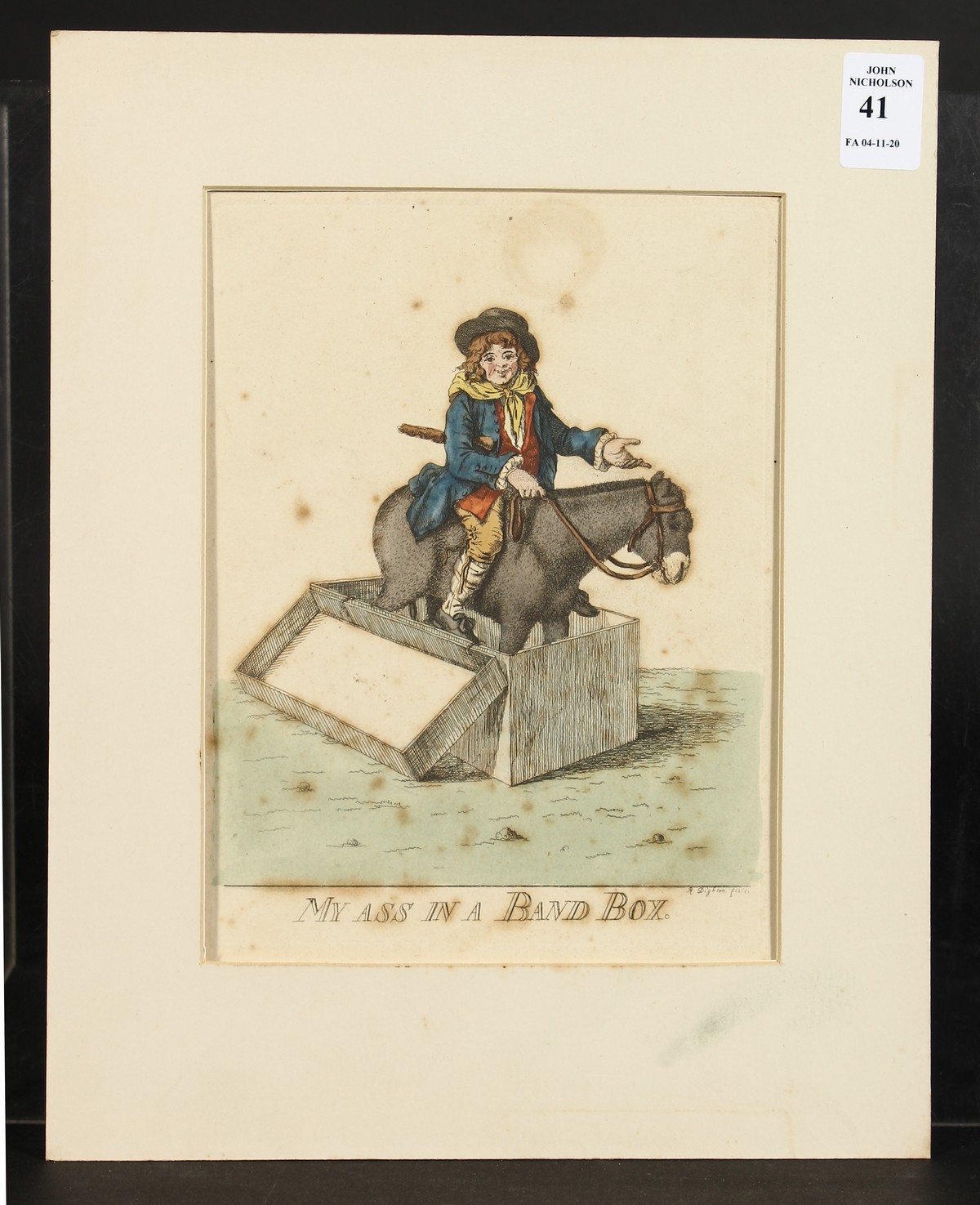 After Dighton, 'My Ass in a Band Box', a hand coloured print, 8" x 6", unframed. - Image 2 of 4