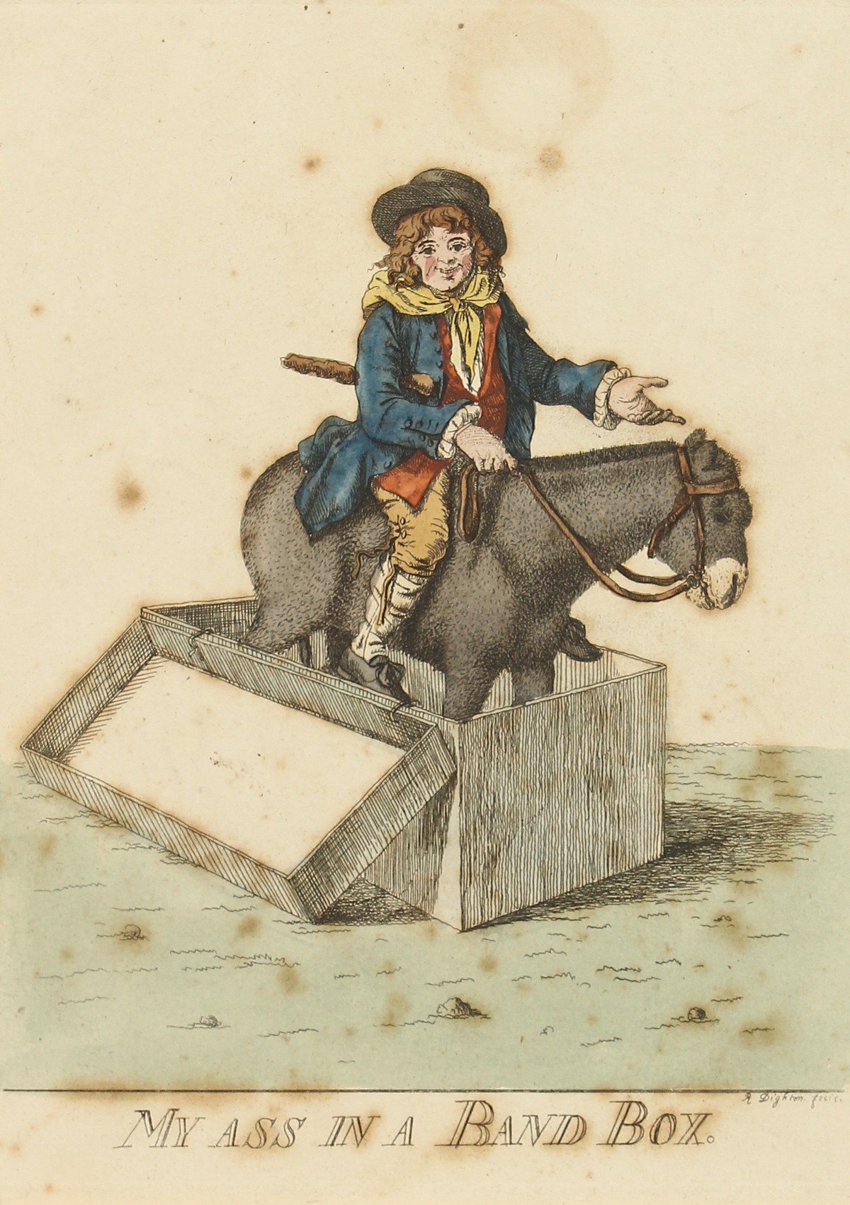 After Dighton, 'My Ass in a Band Box', a hand coloured print, 8" x 6", unframed.