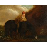 Circle of George Morland (1763-1804), a man seated on a horse watering, oil on panel, 10" x 13", and