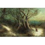 William Thomas Such (1820-1893) British. A winter landscape with figures on a path and a church in