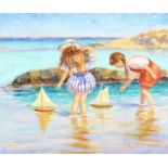 20th century continental school, A scene of young girls floating boats in a cove, oil on canvas,