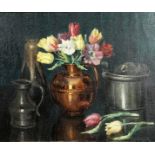 Raymond Tassoul (B.1887) French, a still life of tulips in a copper Jug, oil on canvas, signed,