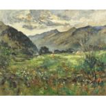 R.A. Dakers, a west country scene with hills beyond, oil on board, signed with initials and