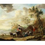 19th century, figures and animals in a landscape with a lake beyond, oil on canvas, 25" x 30".