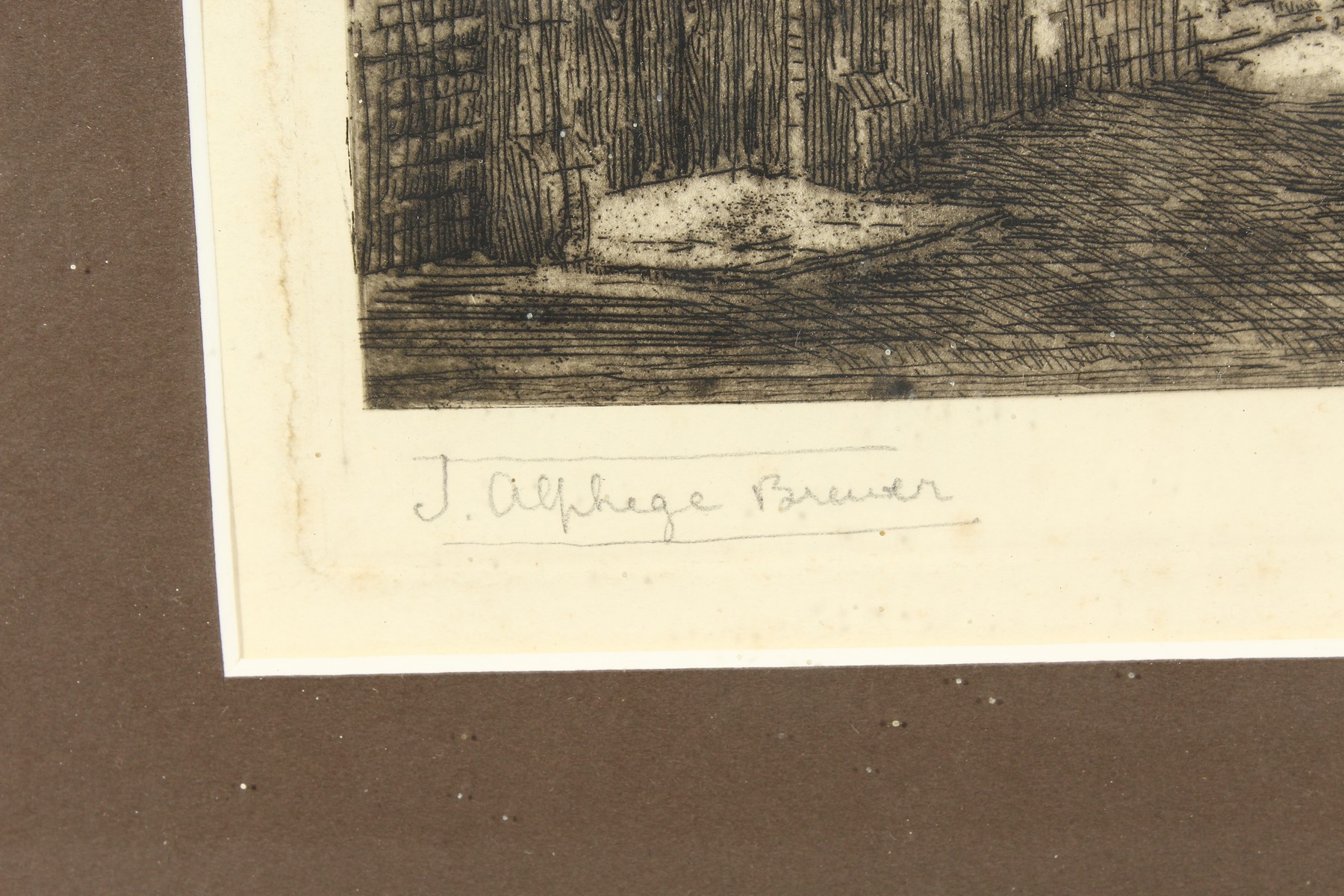 James Alphege Brewer (B. 1881) British, An etching of figures in a lane before church, signed in - Image 3 of 4