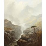 George Blackie Sticks (1843-1900) British, view of a mountain waterfall with sunlit peaks beyond,