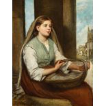 J.T. Peele (1822-1897) British, a seated young lady holding a basket with buildings beyond, oil on