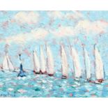 Paul Beauvais, a scene of yachts and a regatta, oil on board, signed with pseudonym A. de Voll, 8" x