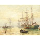 H. Henry (19th century) British. Shipping at dusk, oil on canvas, signed, oil on board, 9.5" x 12".