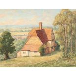 Henry Samuel Merritt (1884-1963) British, a country homestead in an extensive landscape, oil on
