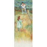 Early 20th century, young boy in a tree with a girl collecting apples, watercolour 16"x6".