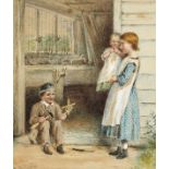 George Goodwin Kilburn (1939-1924) British, a scene of three young children outside of a workshop,