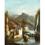 19th century continental school, a river landscape with buildings and waterfall, oil on canvas,