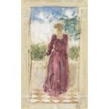 Attributed to Jacqueline Rizvi, British, 'The Purple Dress', a study, watercolour, signed with