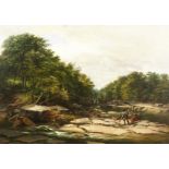 F.J. Bird (19th century) British. A rocky river landscape, with figures fishing in the foreground,