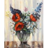 J. Somers (20th century), a still life of mixed flowers in a glass vase, oil on card, signed, 24"