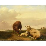 Adolphe Robert Jones (1806-1874) Belgium. Sheep in a landscape, oil on mahogany panel, signed A.R.