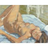 Early 20th century British school, a study of a reclining female nude in the artist's studio, oil on