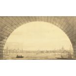 After Canaletto. London, the city seen through the arch of Westminster Bridge, 11" x 18".