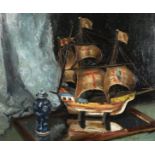 Percy Randell (1872 to 1955) British, a study of a model ship and ornamental blue and white vase,