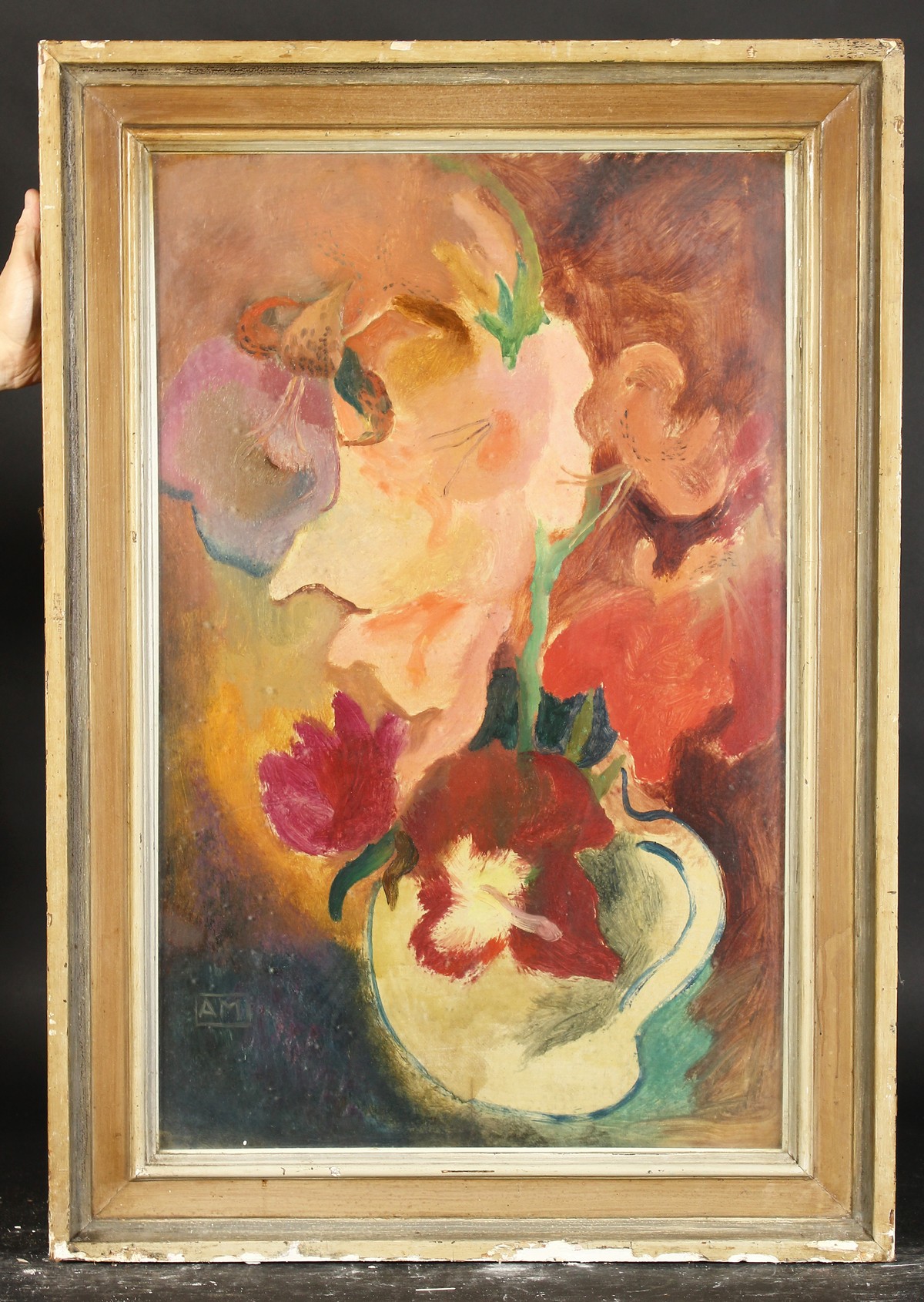 20th century, a still life of mixed flowers in a jug, oil on board, initials AM, 30" x 19". - Image 2 of 4